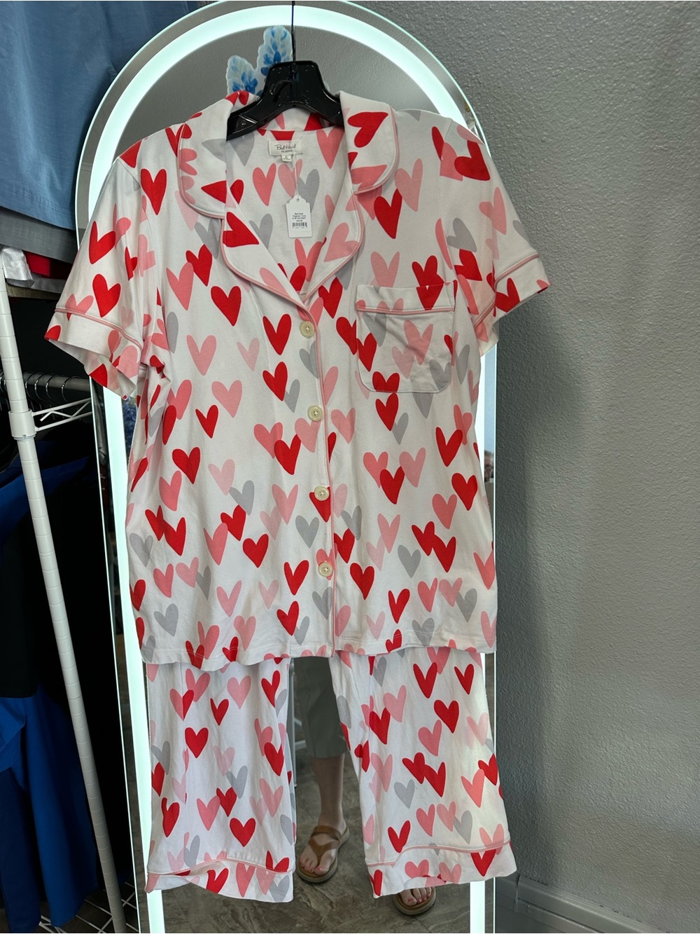 BedHead Pink, Red & Gray Heart-Print Short Sleeve Pajama Set